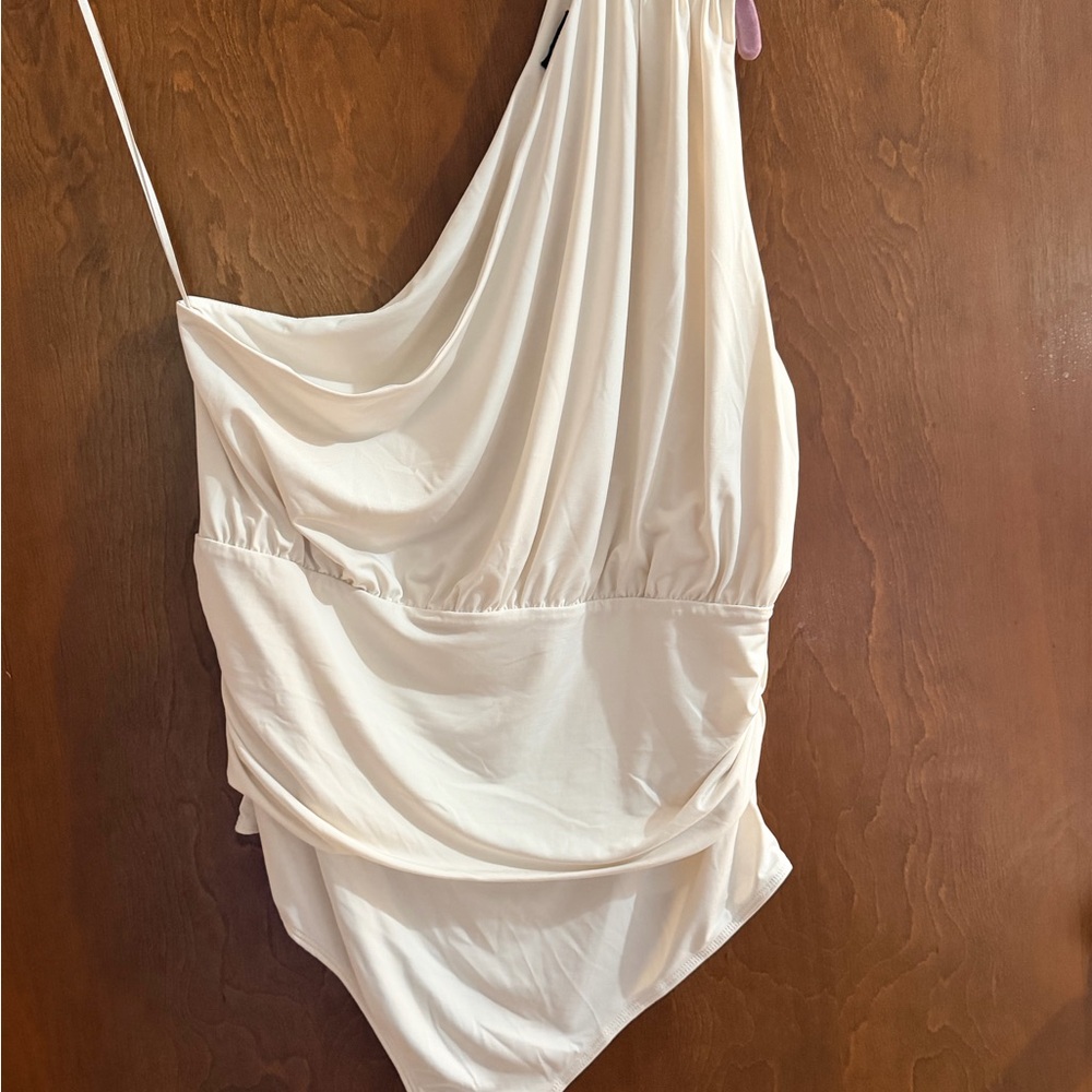 Express Cream One-Shoulder Draped Bandeau Bodysuit